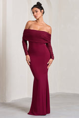 Berry Fishtail Maxi Dress With Bardot Mesh Long Sleeves
