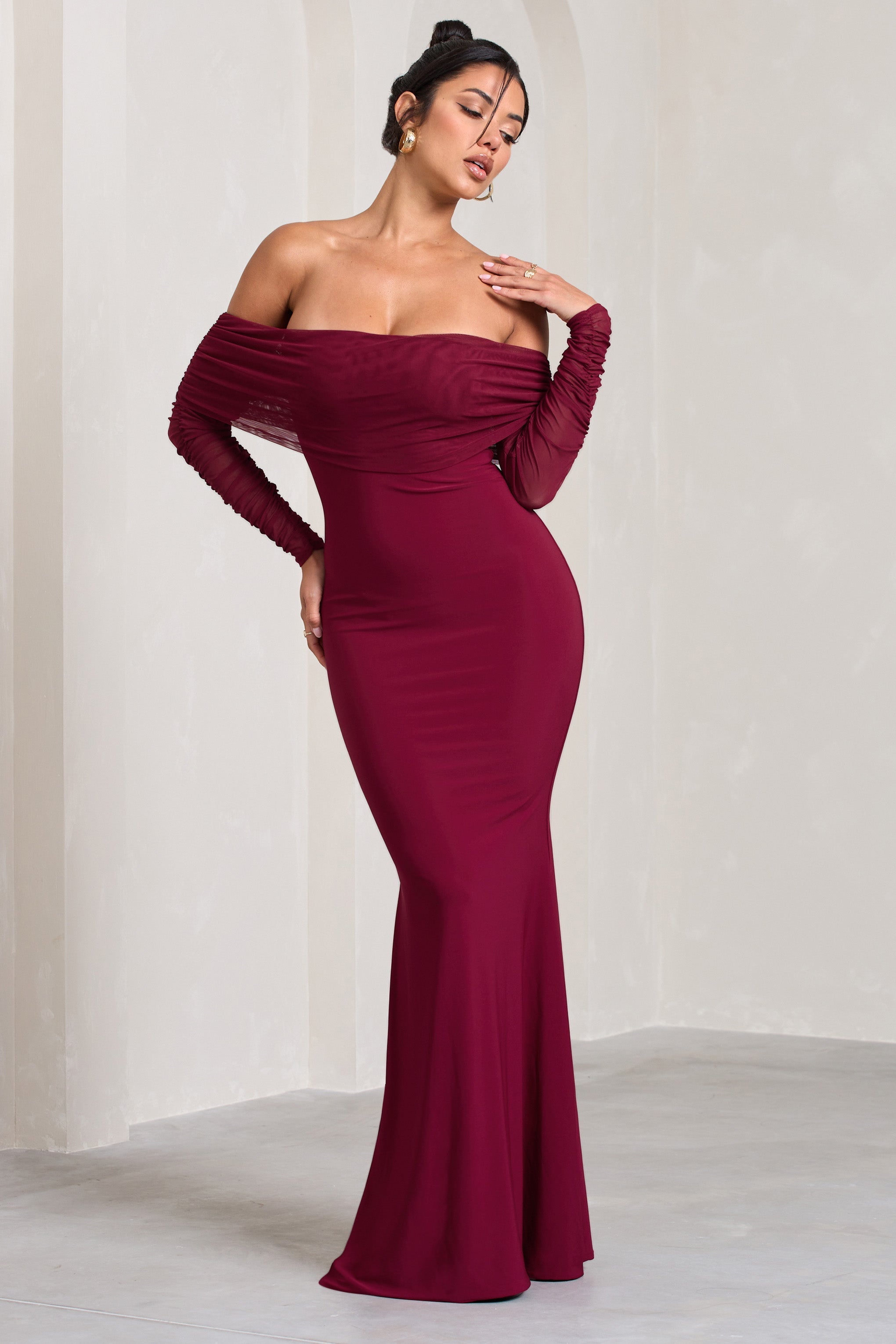 Berry Fishtail Maxi Dress With Bardot Mesh Long Sleeves