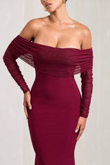 Berry Fishtail Maxi Dress With Bardot Mesh Long Sleeves