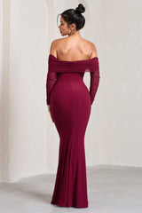 Berry Fishtail Maxi Dress With Bardot Mesh Long Sleeves