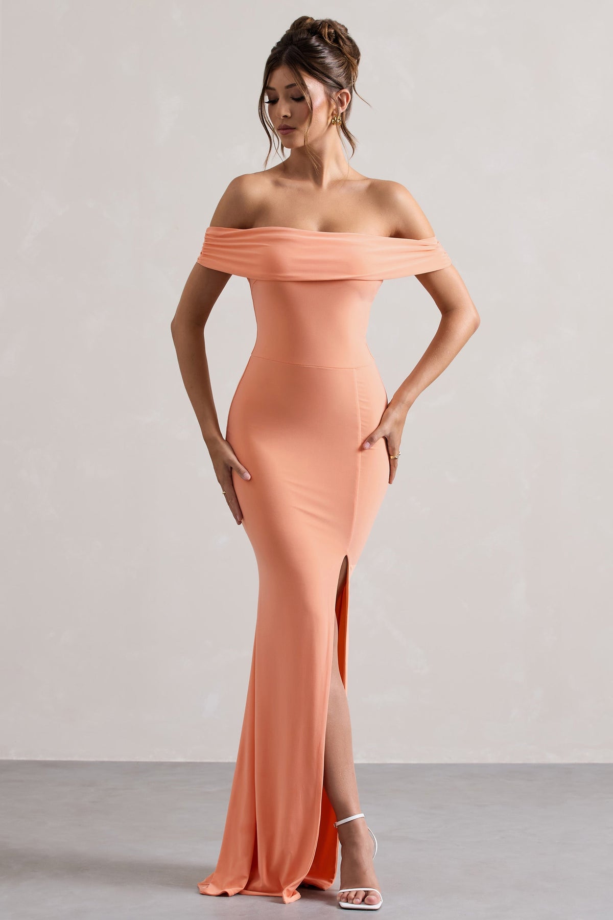 Coral Bardot Draped Split Maxi Dress