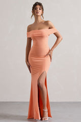 Coral Bardot Draped Split Maxi Dress