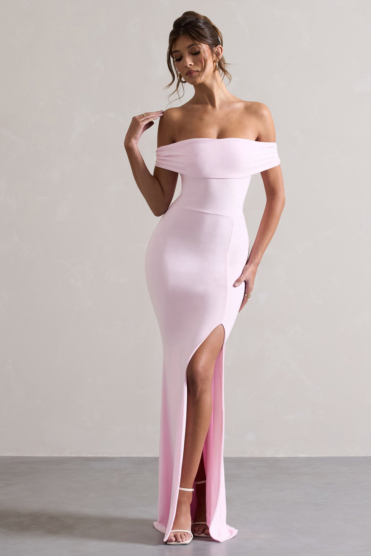 Pink Bardot Draped Split Maxi Dress