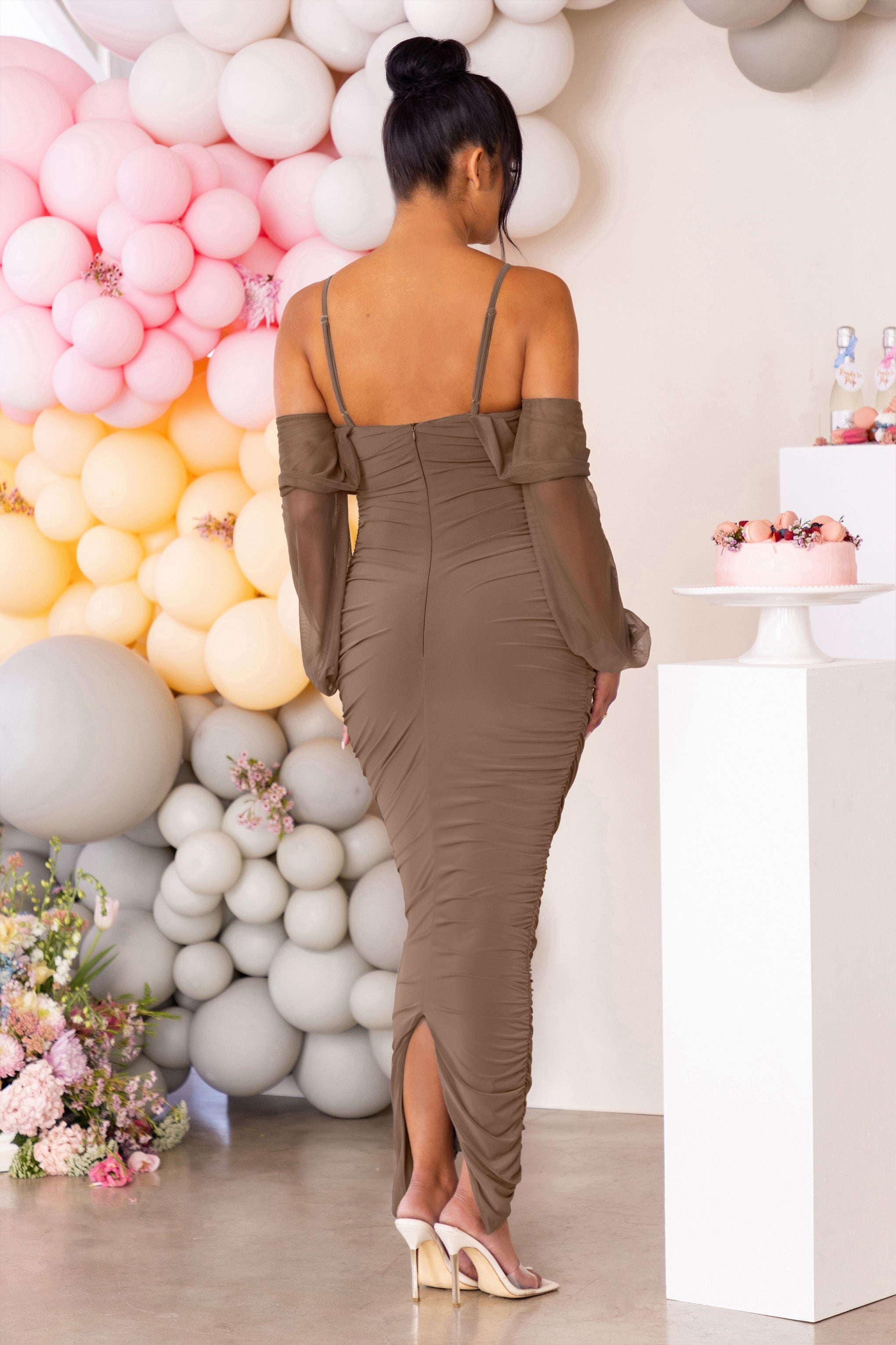 Mocha Maternity Bardot Ruched Maxi Dress