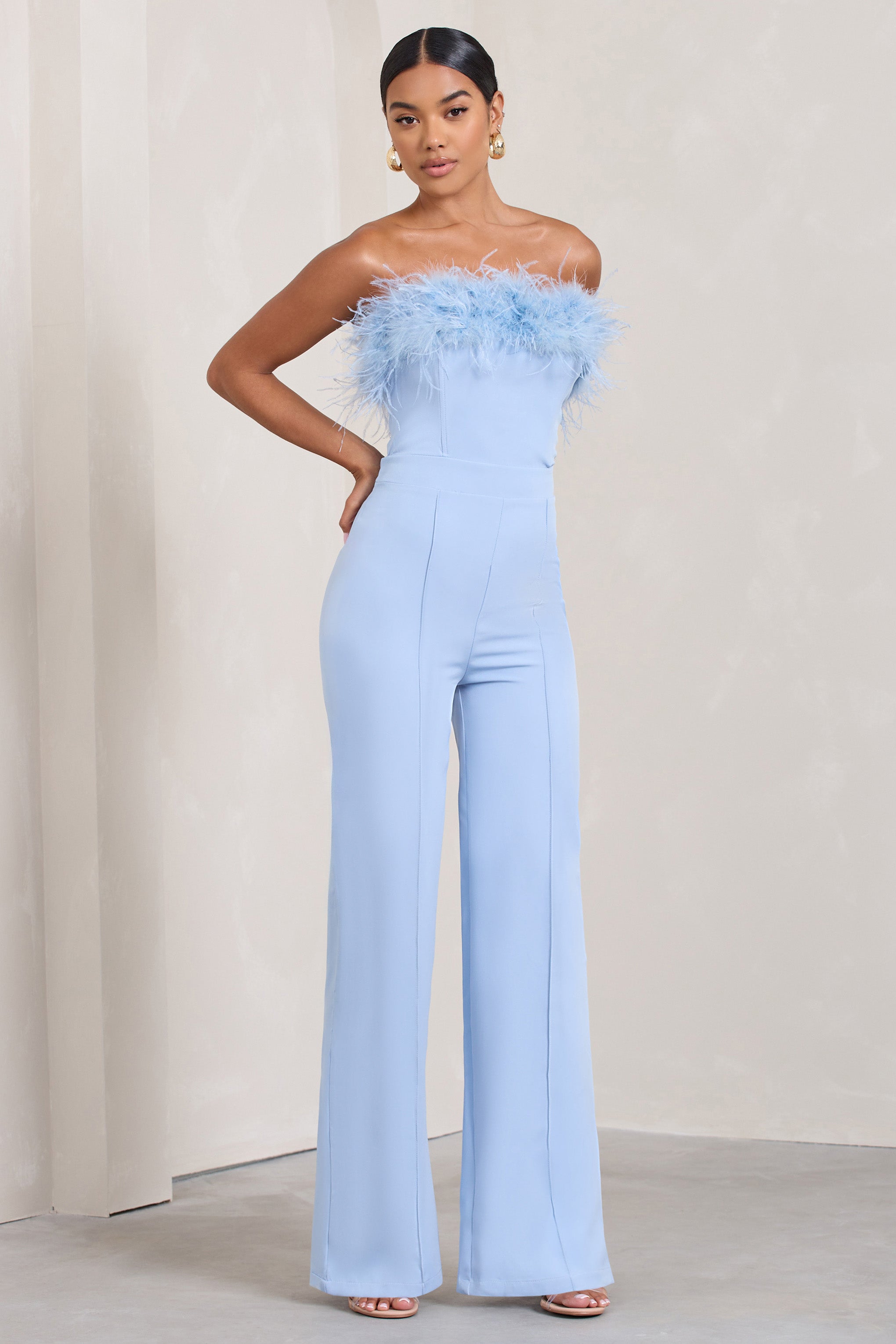 Blue Bandeau Feather Wide Leg jumpsuit