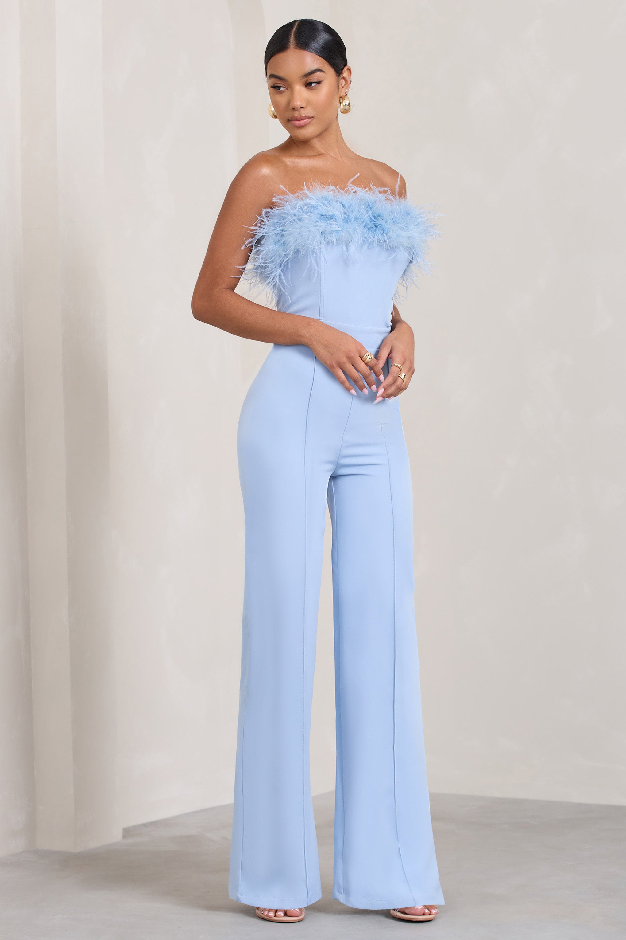 Blue Bandeau Feather Wide Leg jumpsuit