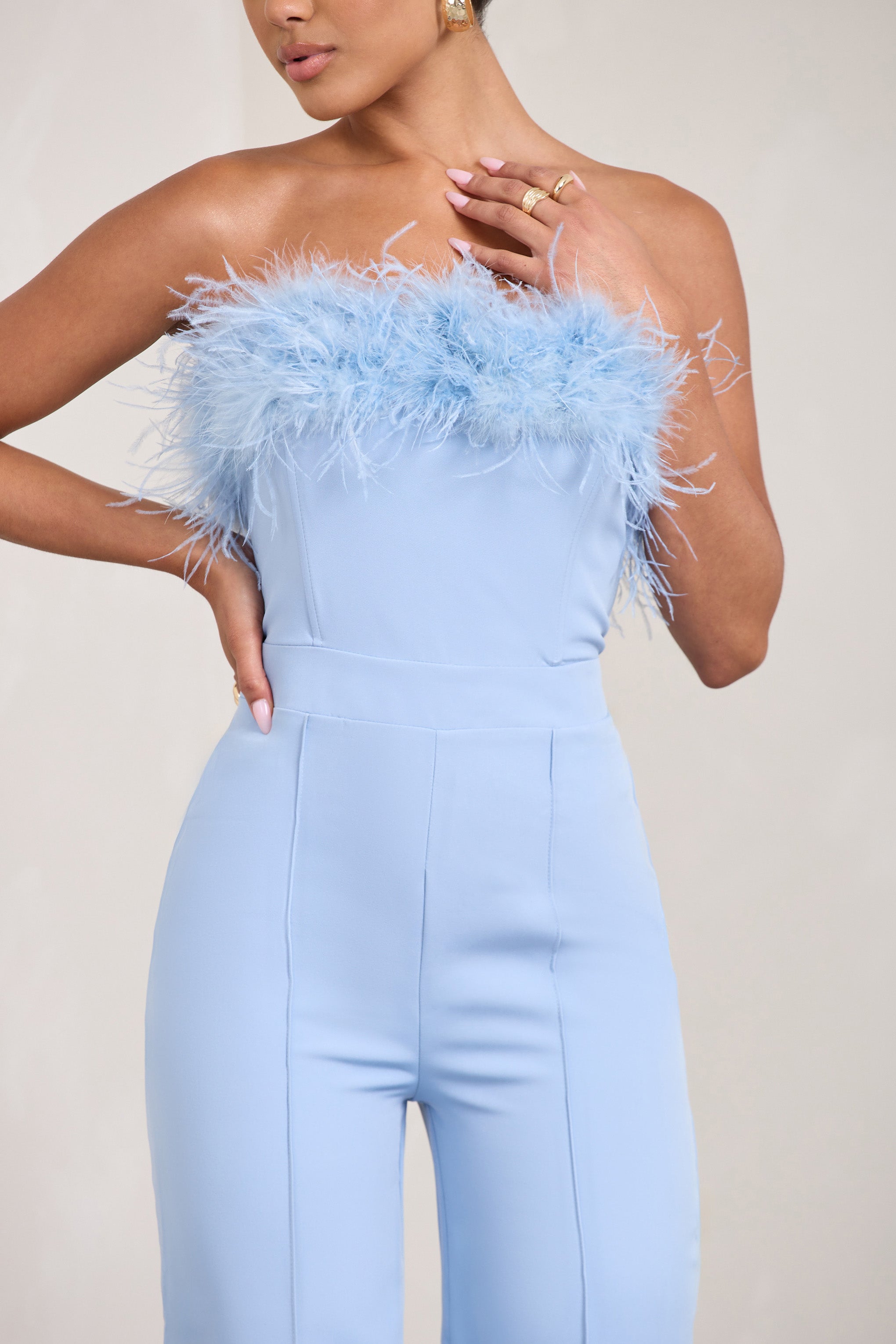 Blue Bandeau Feather Wide Leg jumpsuit