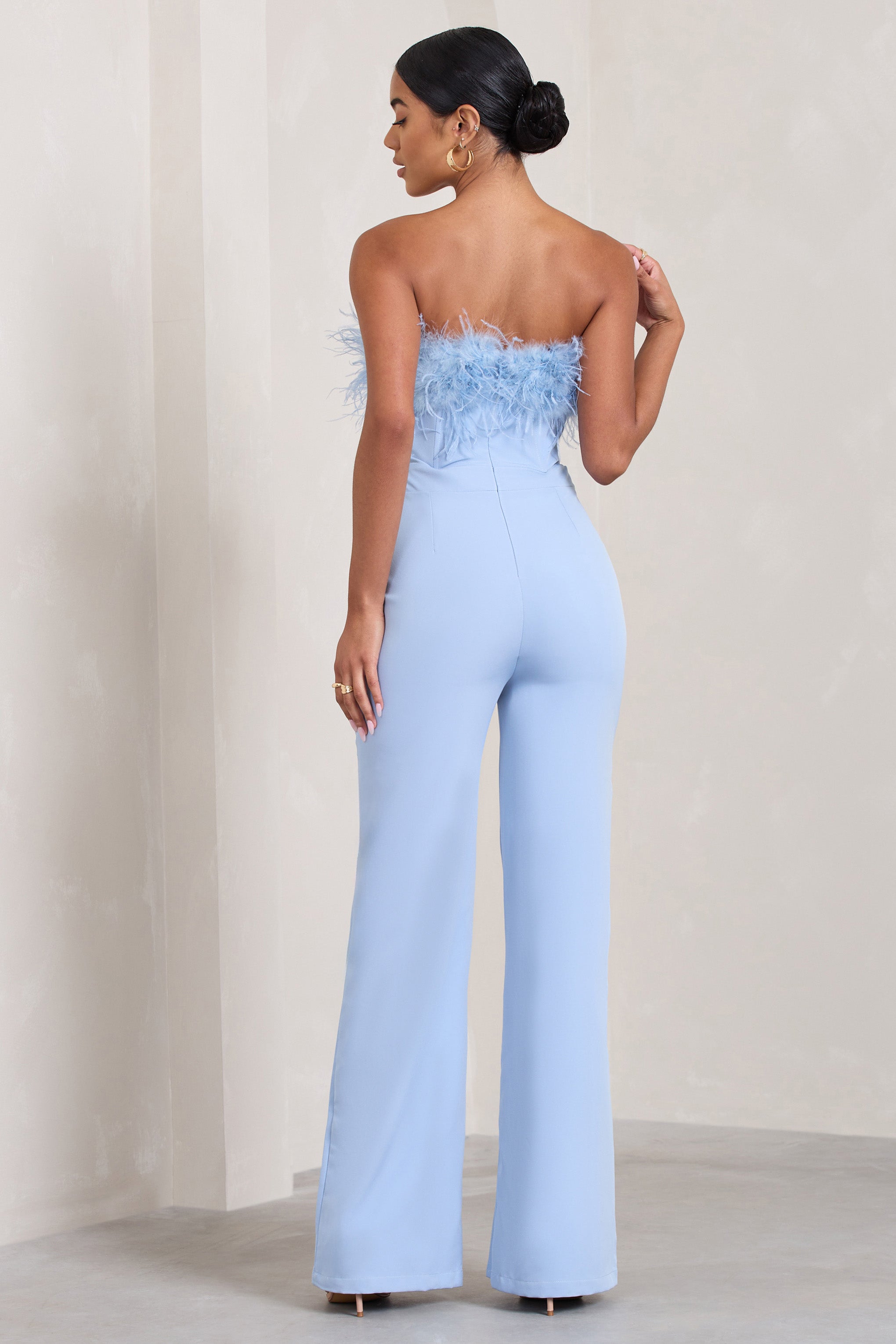 Blue Bandeau Feather Wide Leg jumpsuit