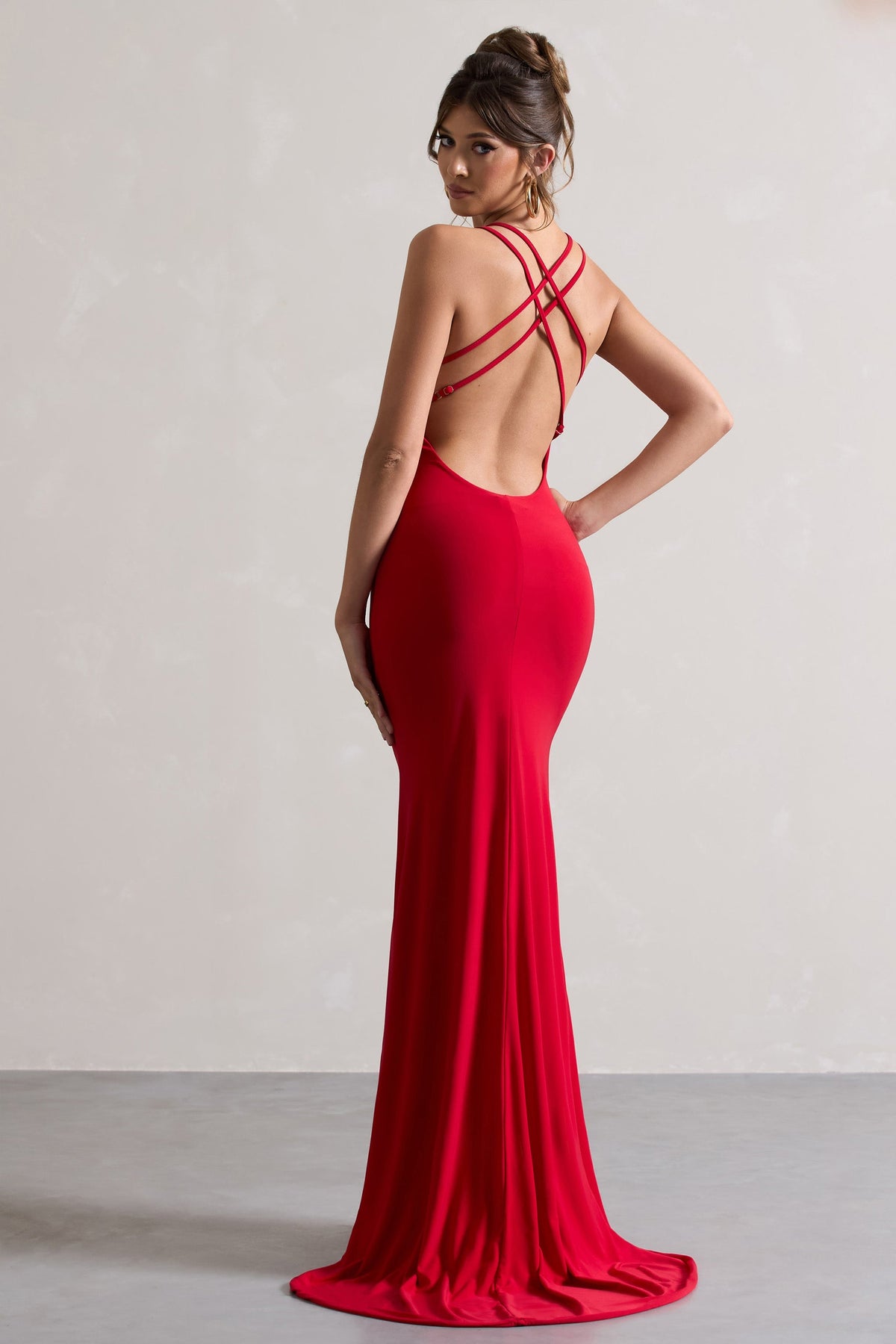 Red Cross Over Back Fishtail Maxi Dress