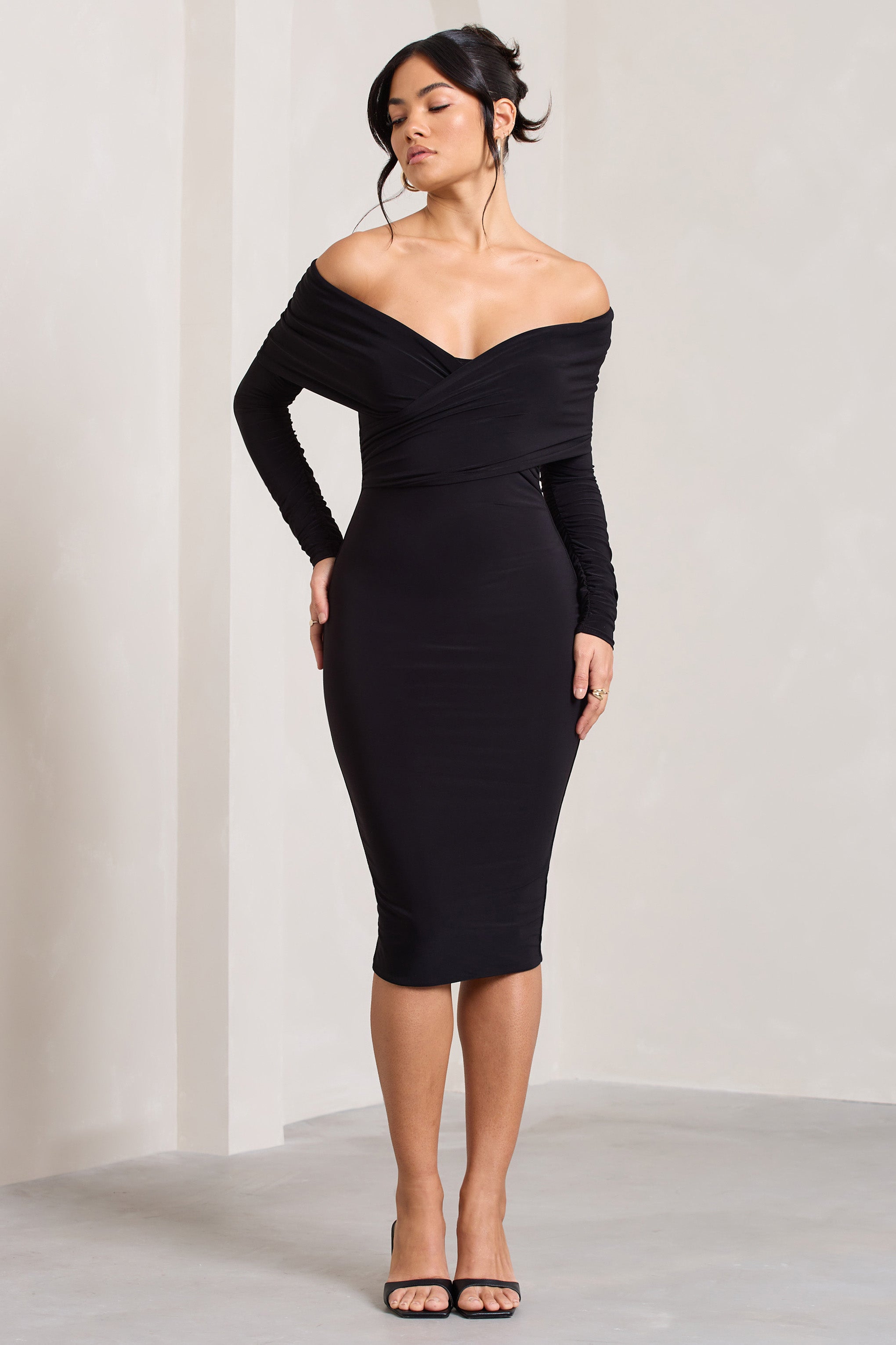 Black Twist Front Bardot Midi Dress
