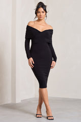 Black Twist Front Bardot Midi Dress