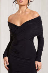 Black Twist Front Bardot Midi Dress