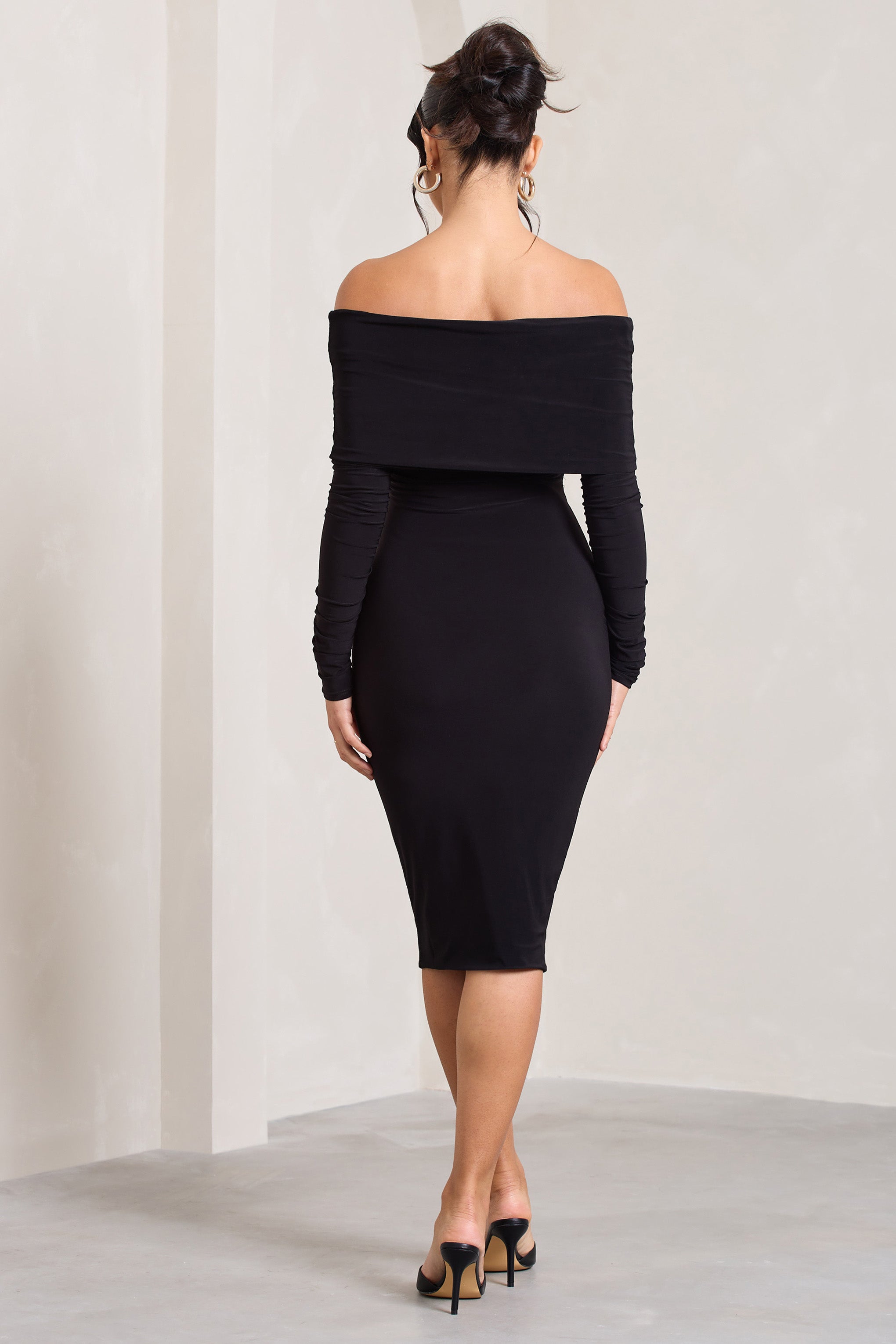 Black Twist Front Bardot Midi Dress