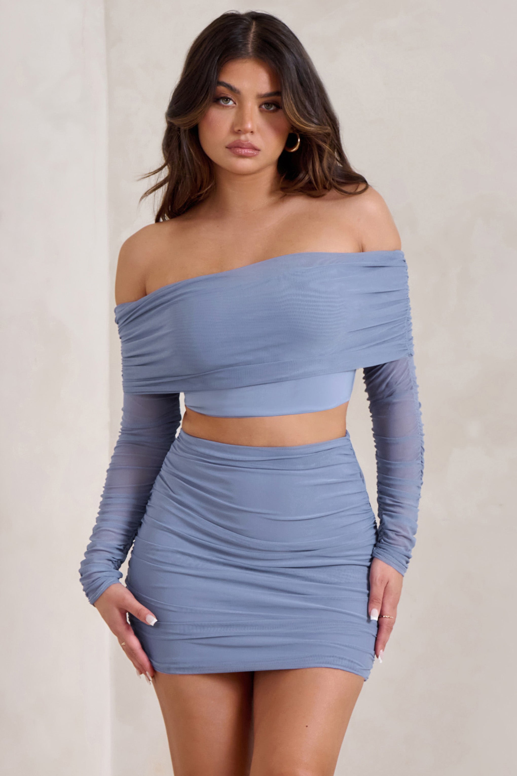 Cornflower Blue Ruched Mesh Bardot Crop Top