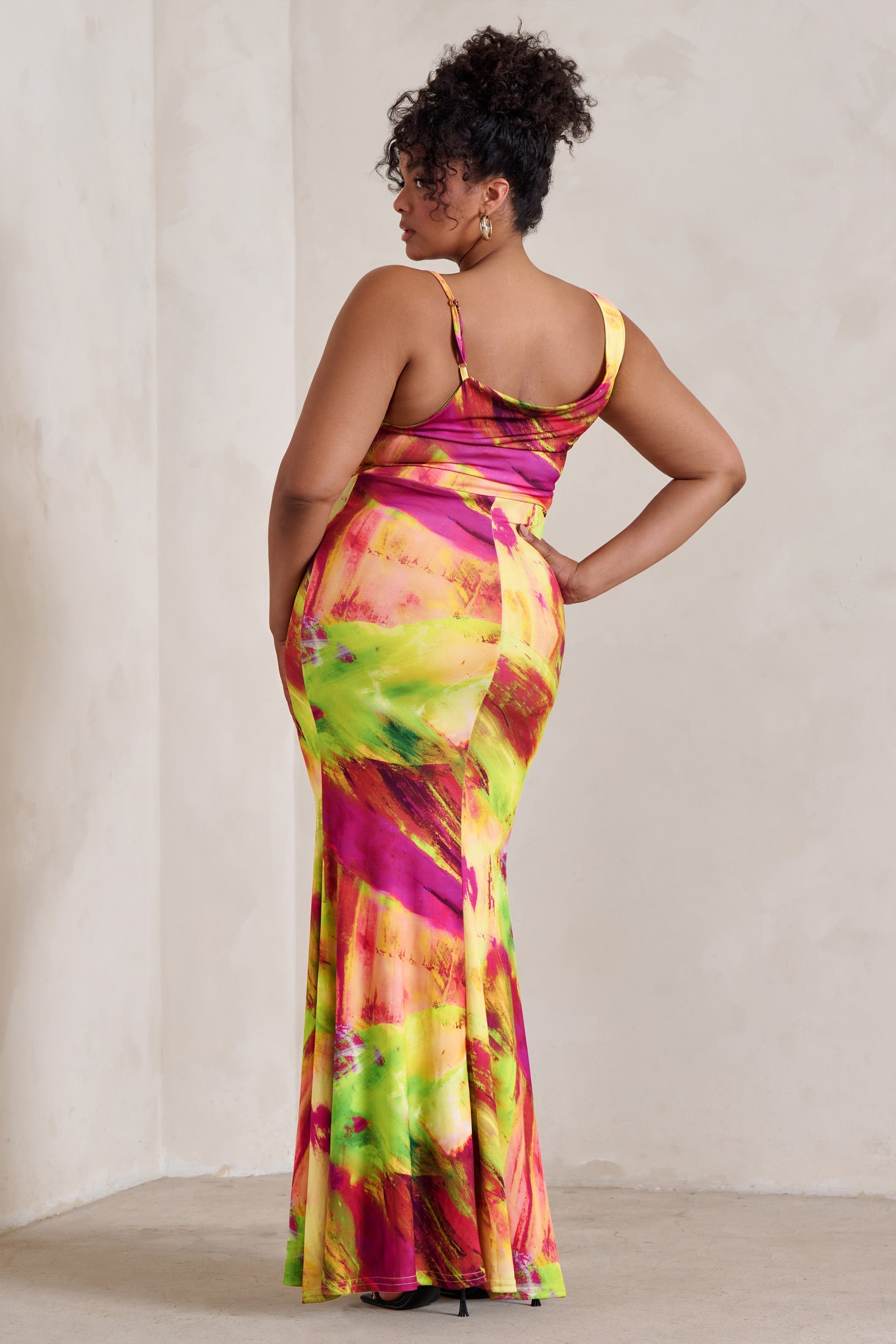 Lime Print Asymmetric Neckline Cowl Maxi Dress