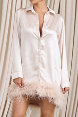 Ivory Satin Shirt Mini Dress With Feather Trim
