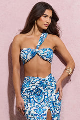 Blue Porcelain Print Knot One Shoulder Bralette
