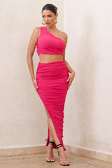 Hot Pink Side Split Ruched Maxi Skirt