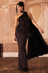 Black Satin Asymmetric Scarf Neck Backless Maxi Dress