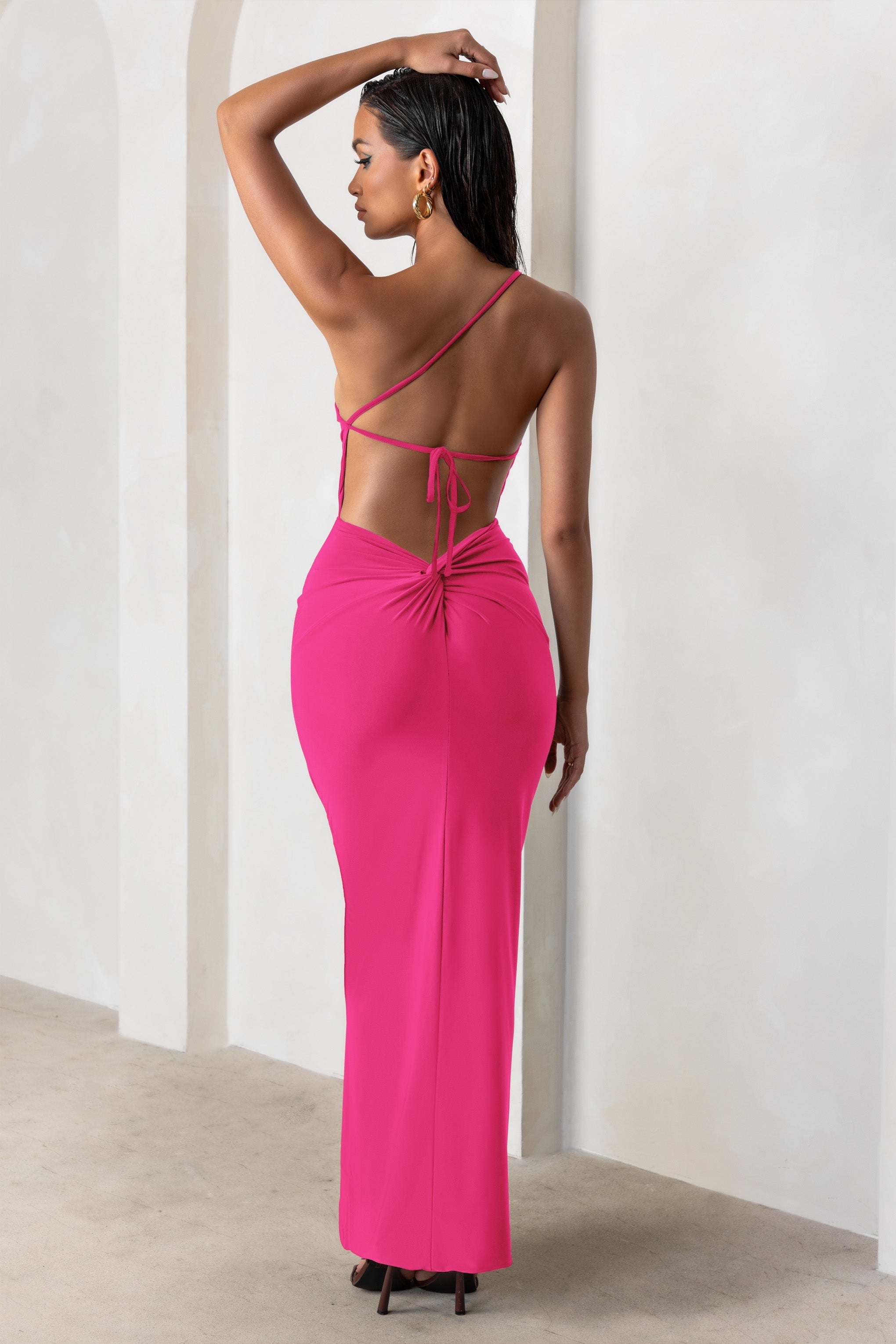 Hot Pink One Shoulder Maxi Dress With Open Back Detail