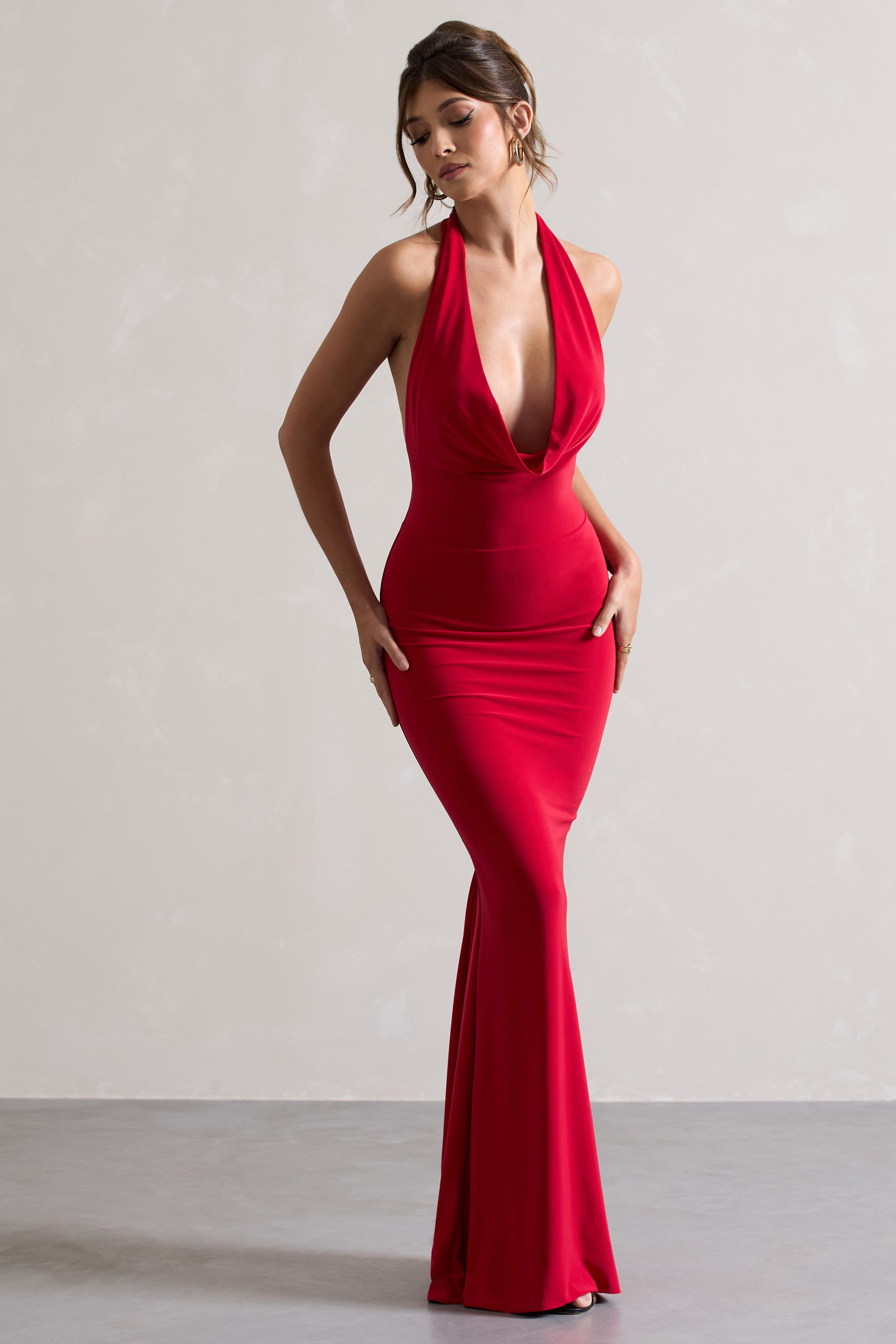 Red Backless Cowl Neck Fishtail Maxi Dress