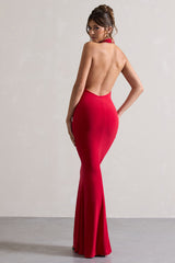 Red Backless Cowl Neck Fishtail Maxi Dress