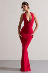 Red Backless Cowl Neck Fishtail Maxi Dress