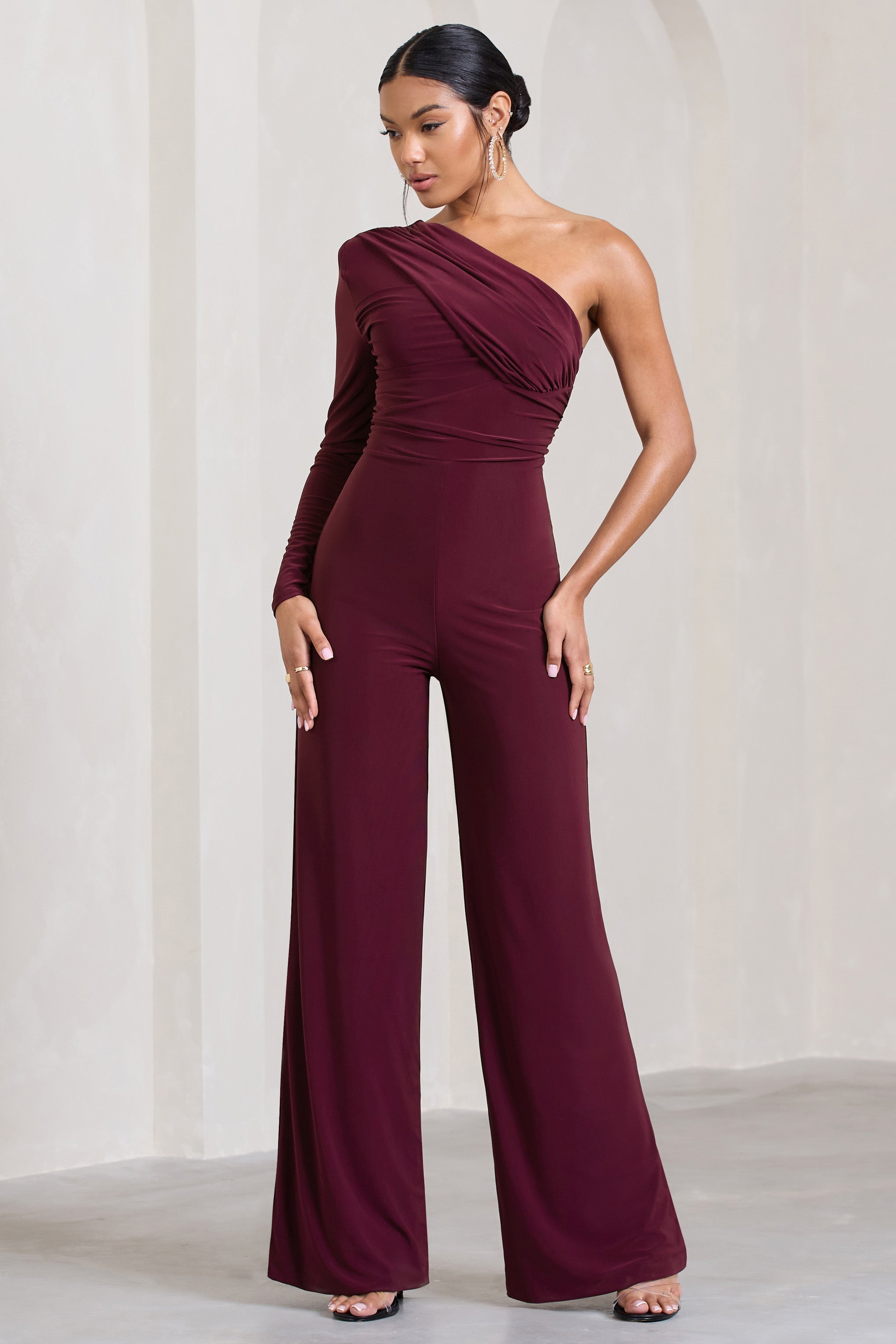 Burgundy One Shoulder Ruched Wide Leg Jumpsuit