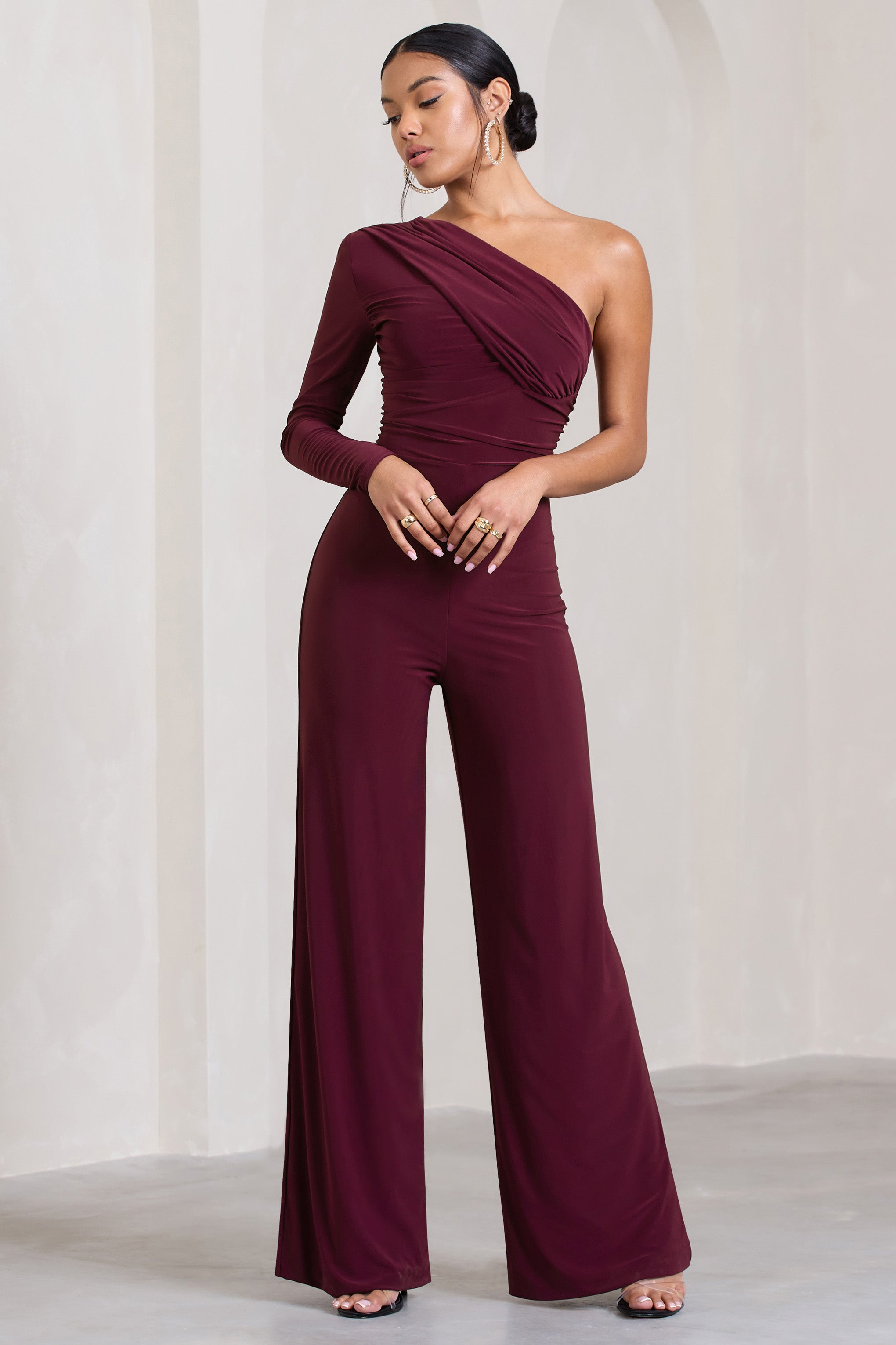 Burgundy One Shoulder Ruched Wide Leg Jumpsuit