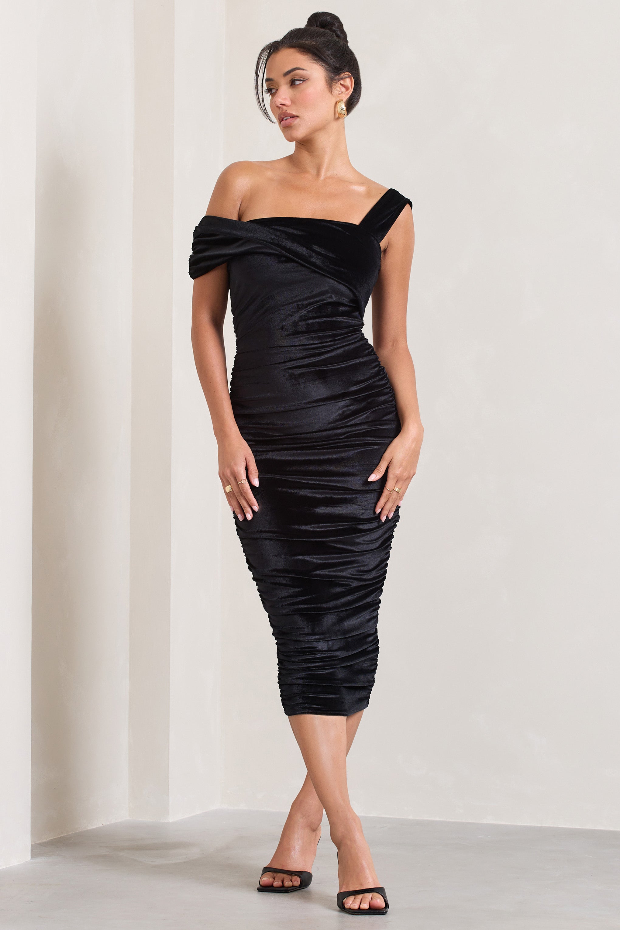 Black Velvet One Shoulder Ruched Midi Dress