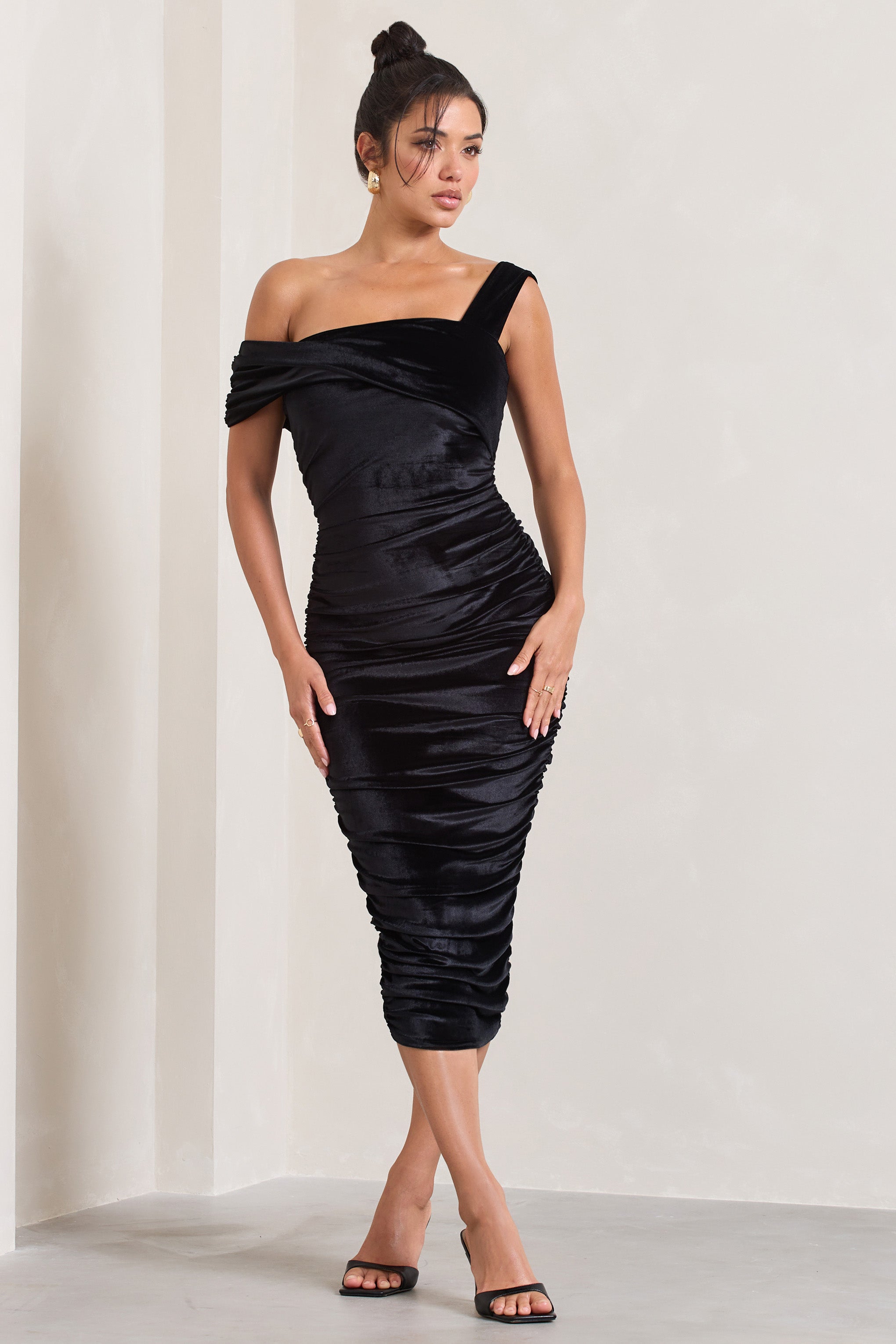 Black Velvet One Shoulder Ruched Midi Dress