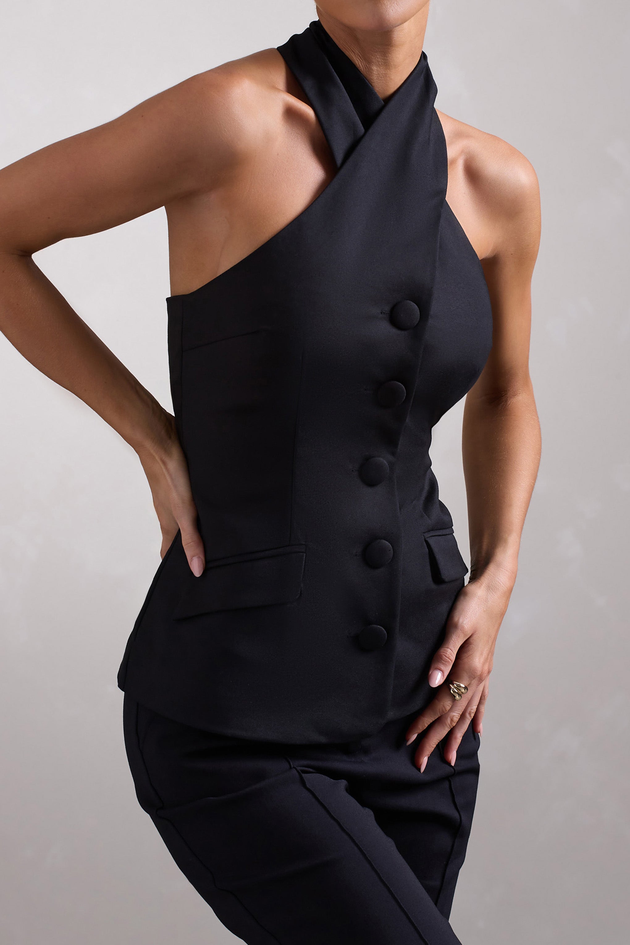 Black Cross Halter Neck Sleeveless Tailored Top