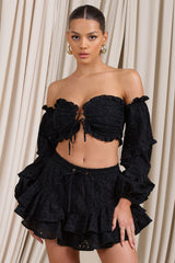 Black Lace Bardot Puff-Sleeved Crop Top