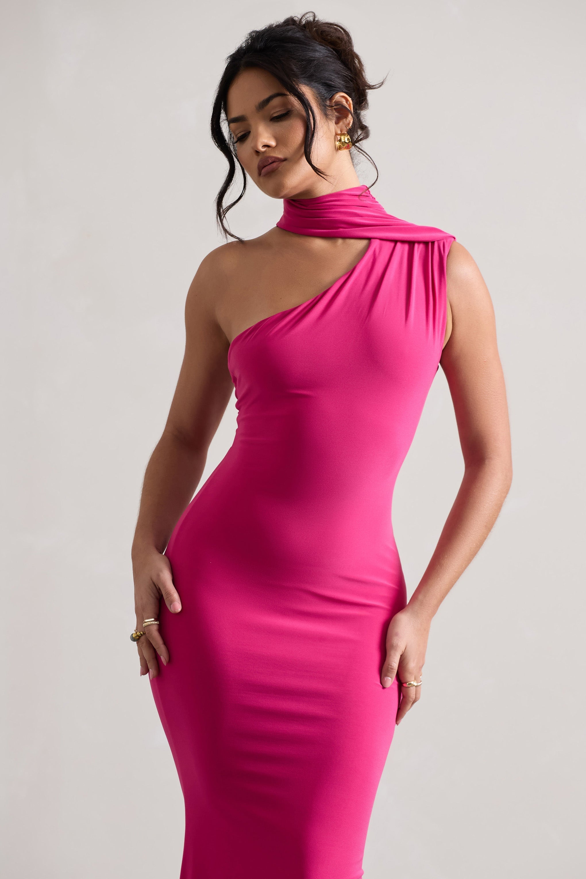 Pink One Shoulder Draped Maxi Dress
