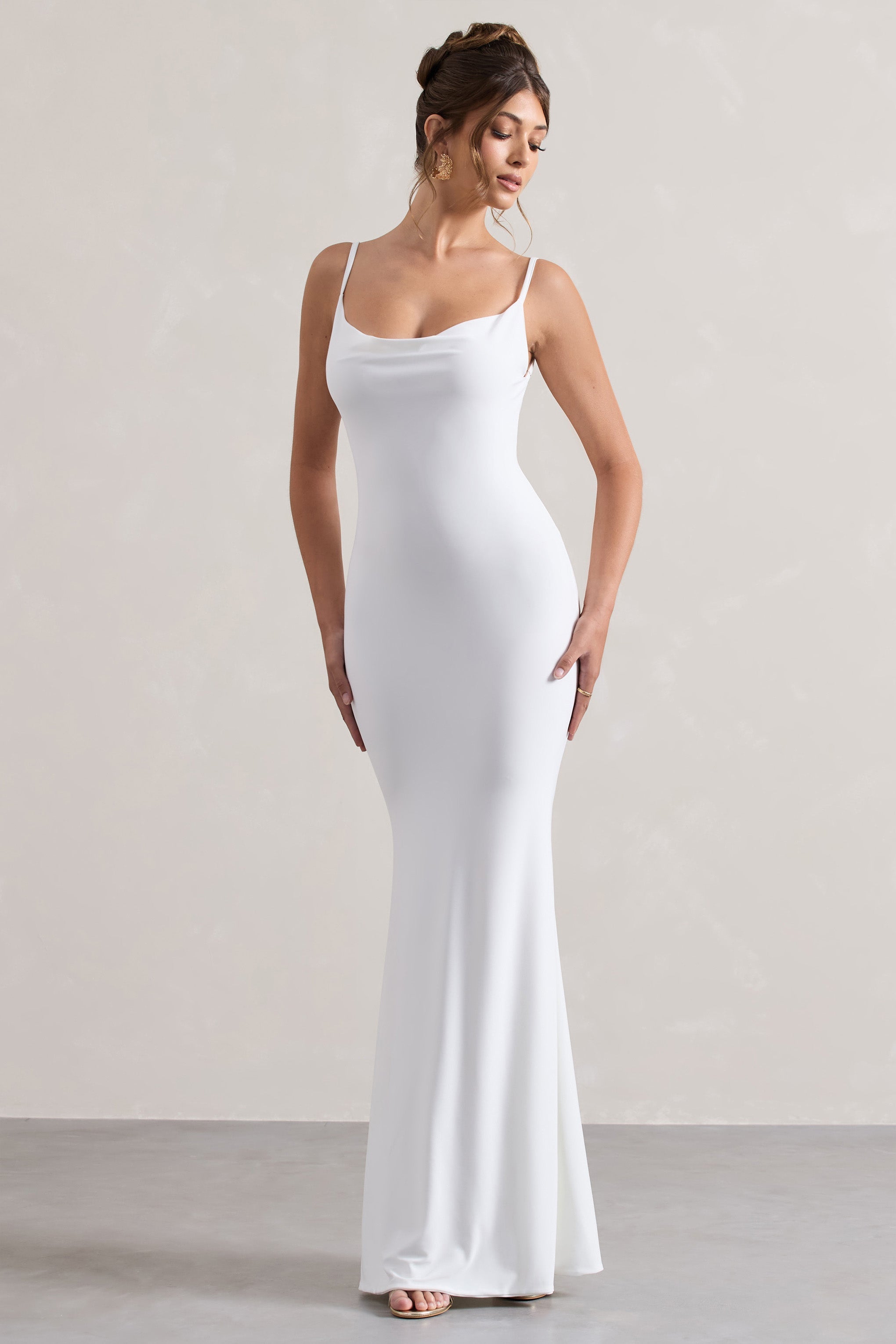 White Cowl Neck Backless Maxi Dress With Lace Insert