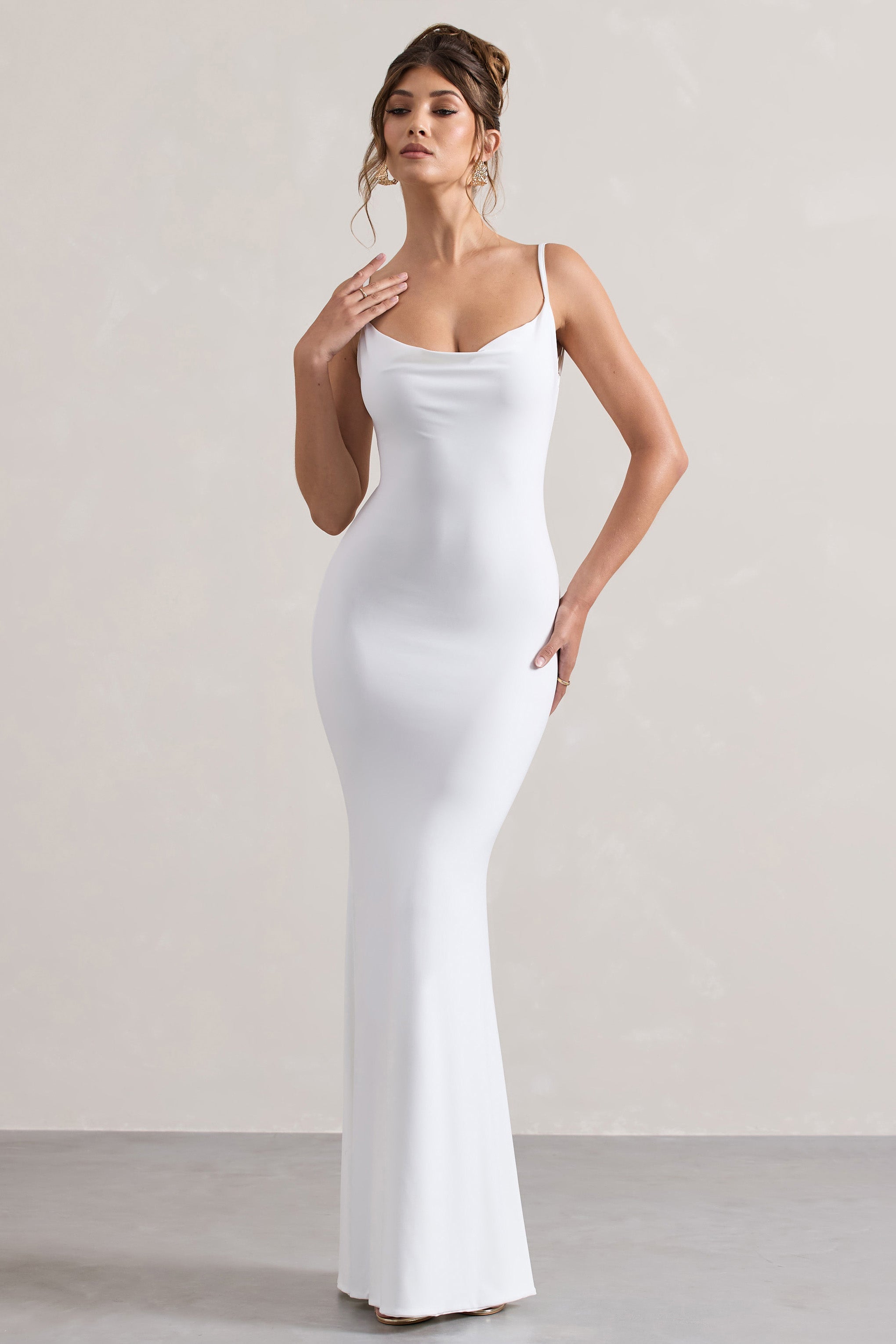 White Cowl Neck Backless Maxi Dress With Lace Insert