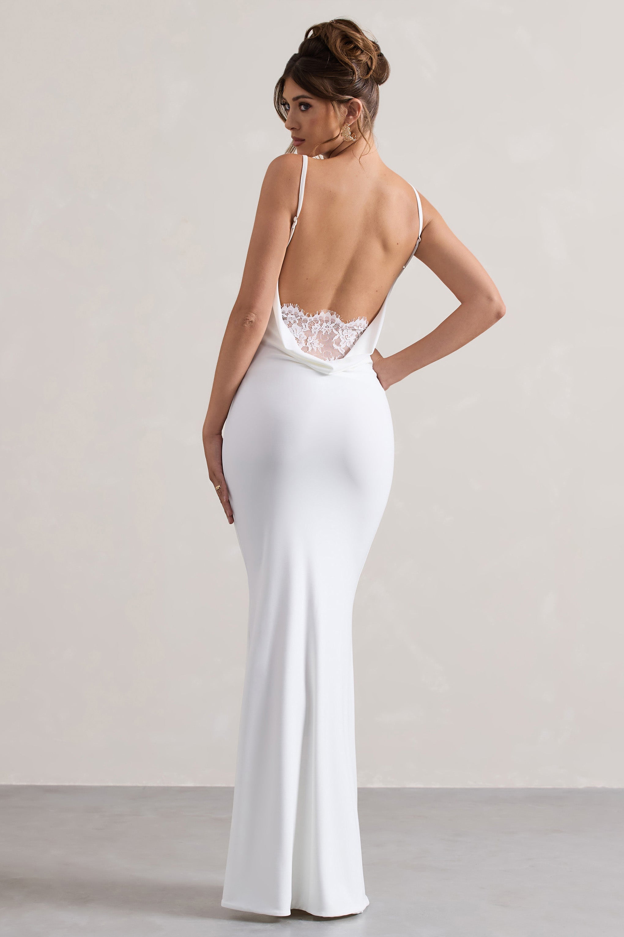 White Cowl Neck Backless Maxi Dress With Lace Insert