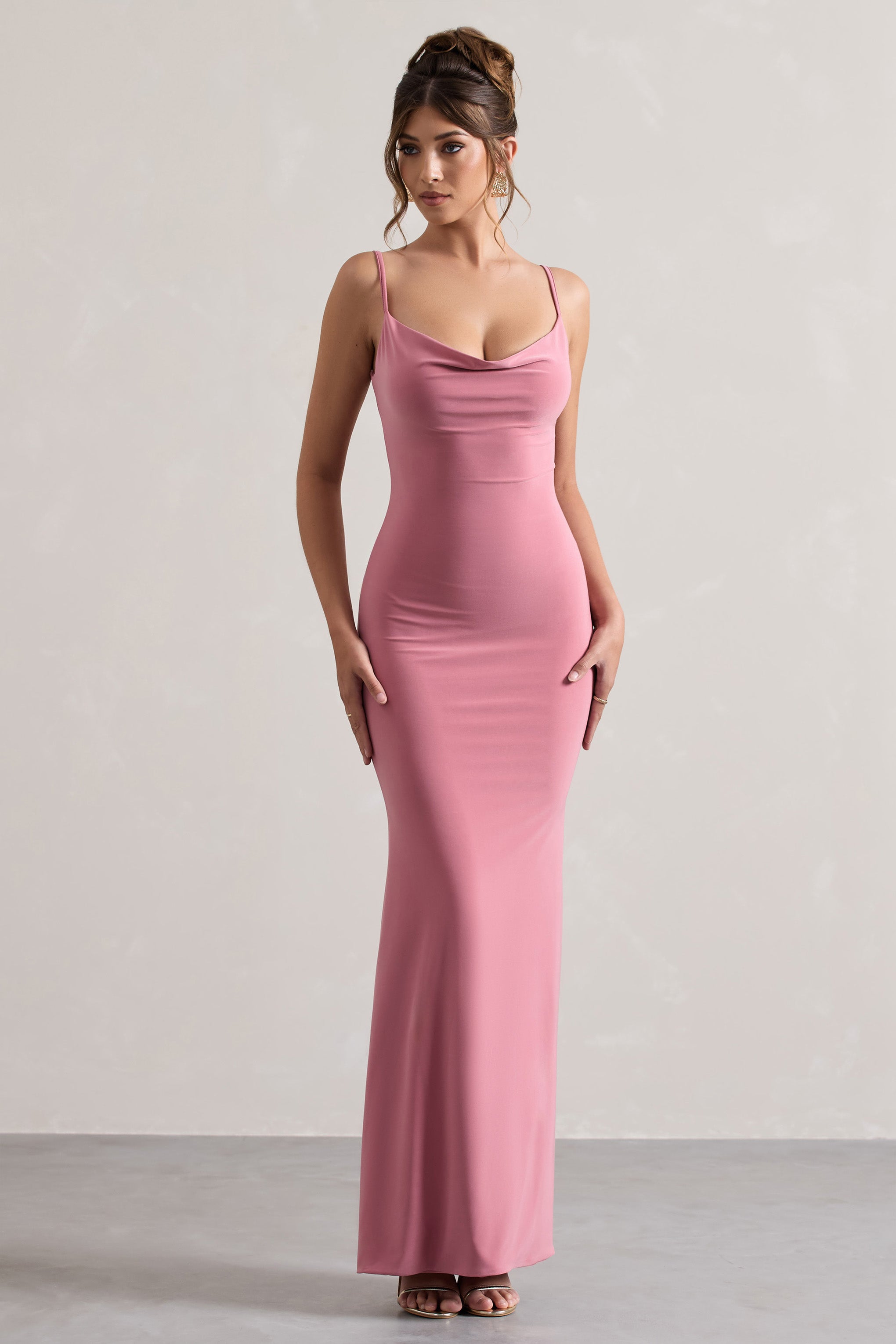 Blush Cowl Neck Backless Maxi Dress With Lace Insert