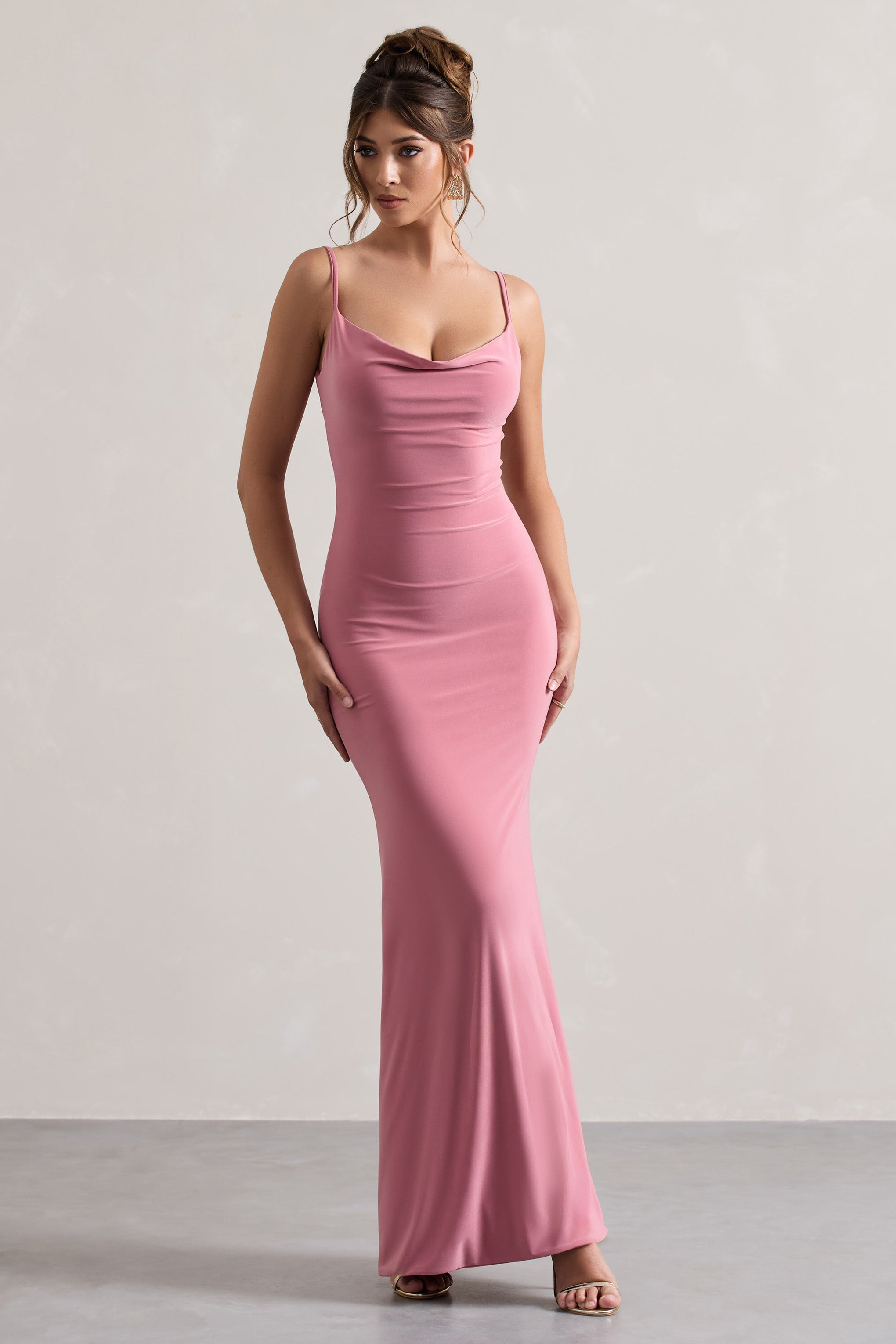 Blush Cowl Neck Backless Maxi Dress With Lace Insert
