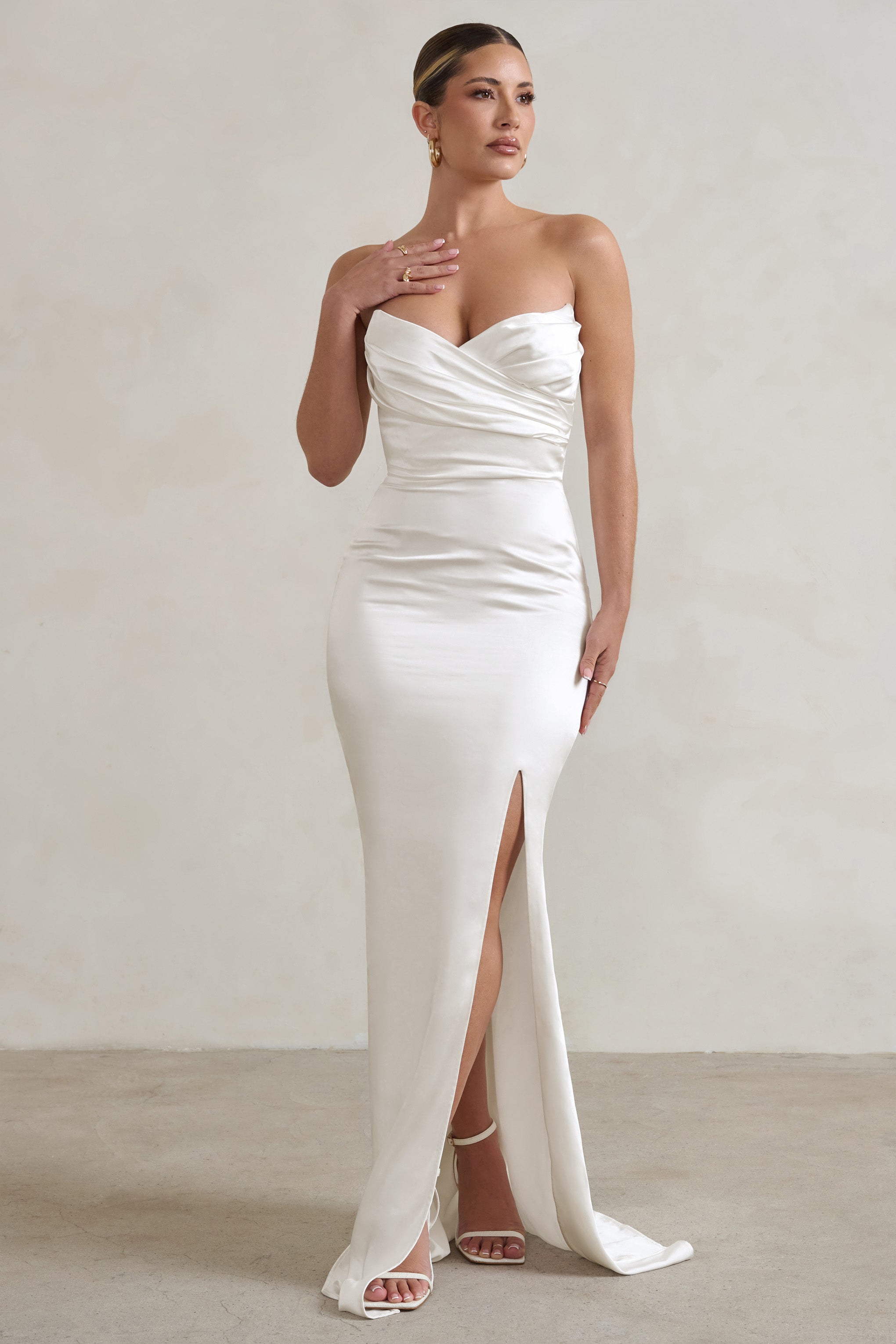 White Strapless Maxi Dress With Split