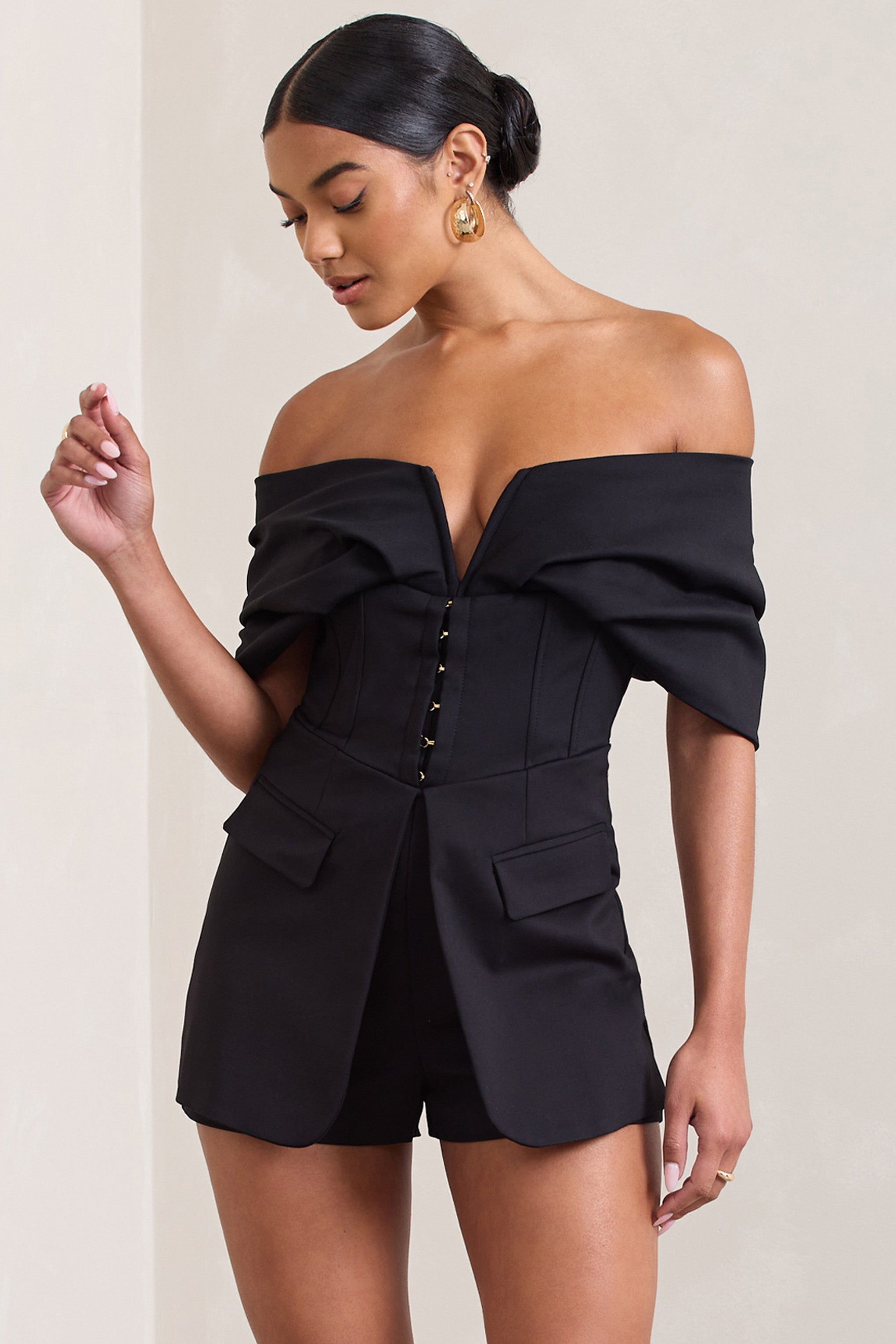 Black Cotton-Blend Corset Bardot Playsuit