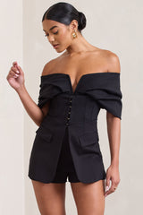 Black Cotton-Blend Corset Bardot Playsuit
