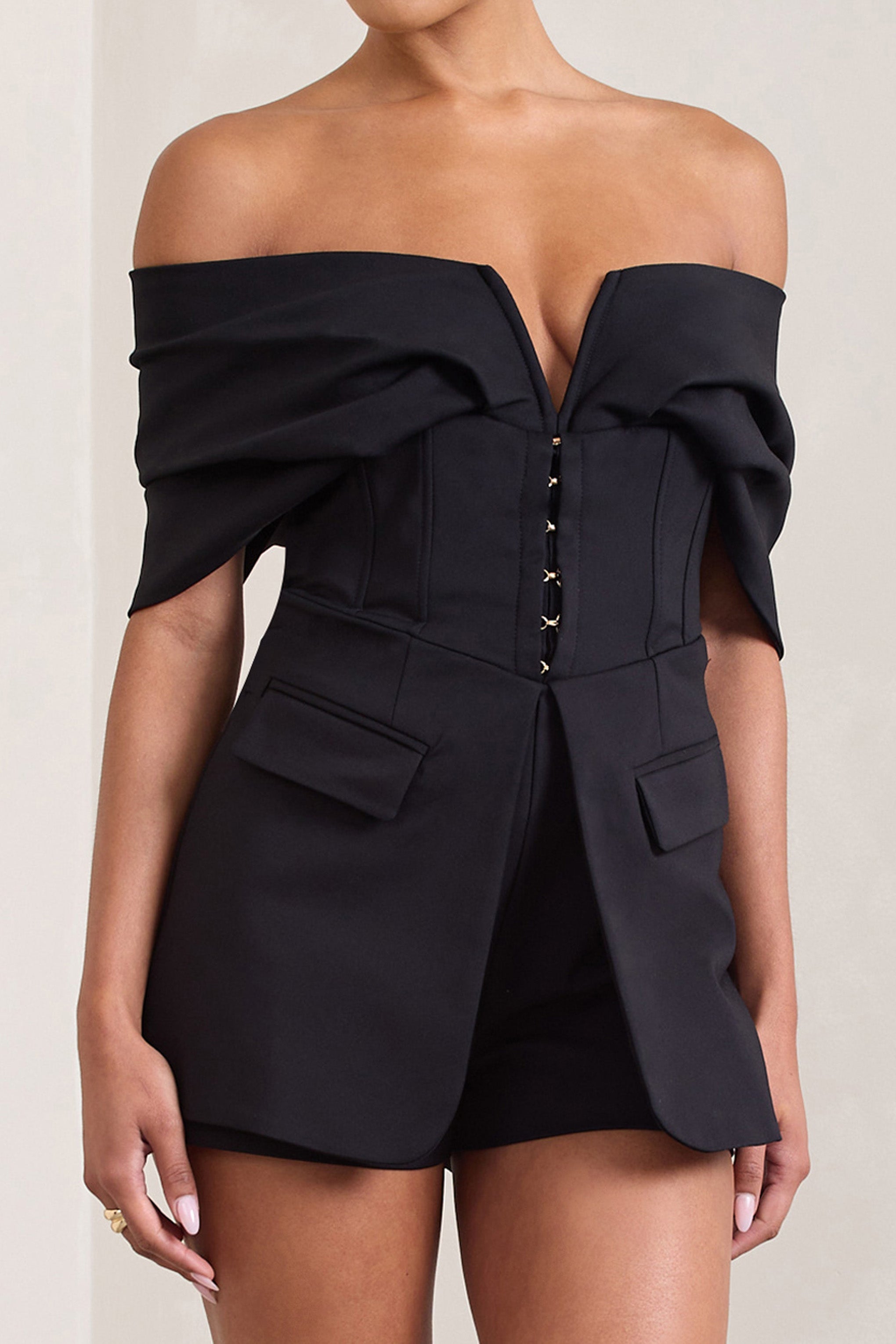Black Cotton-Blend Corset Bardot Playsuit