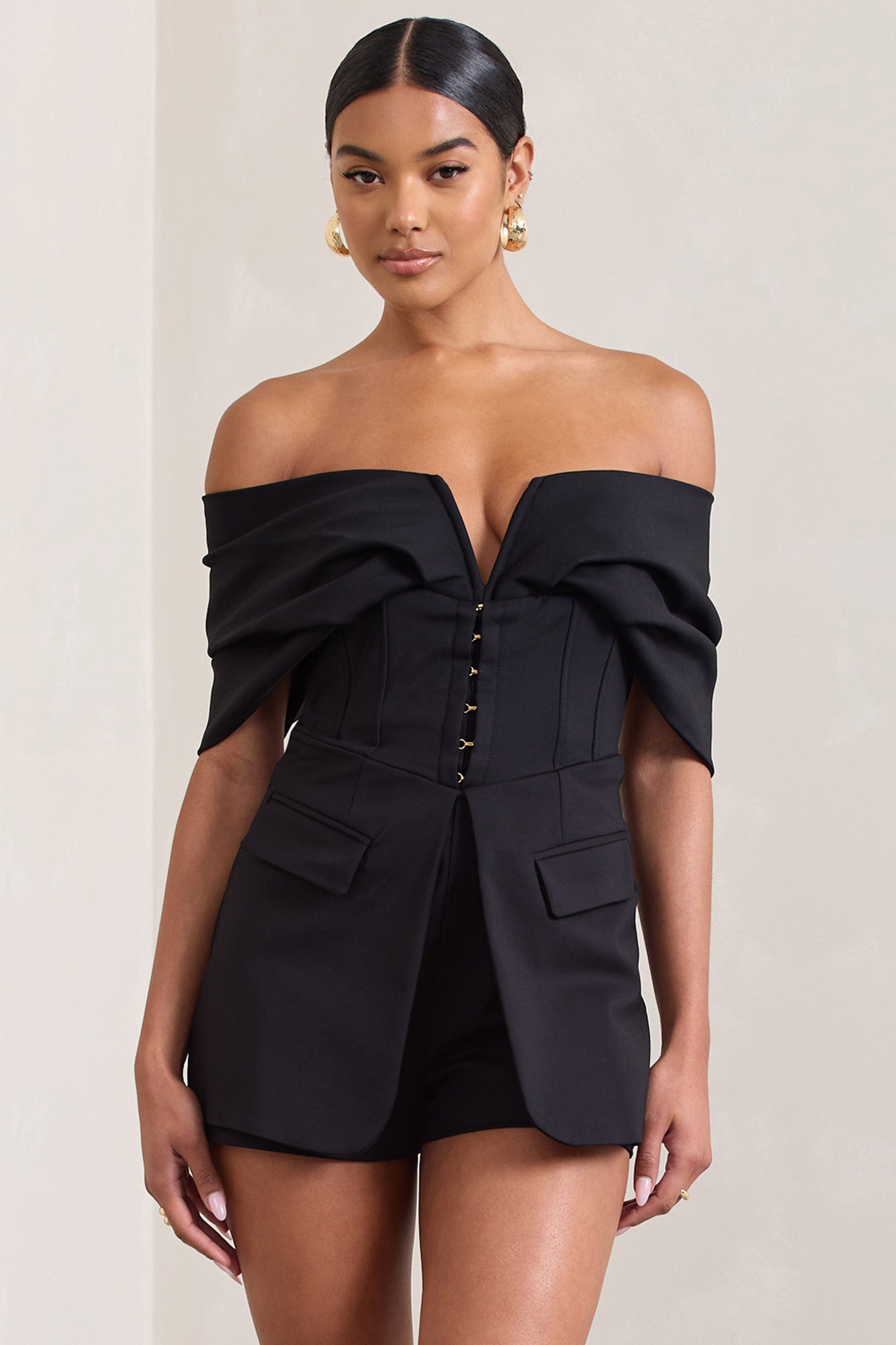 Black Cotton-Blend Corset Bardot Playsuit