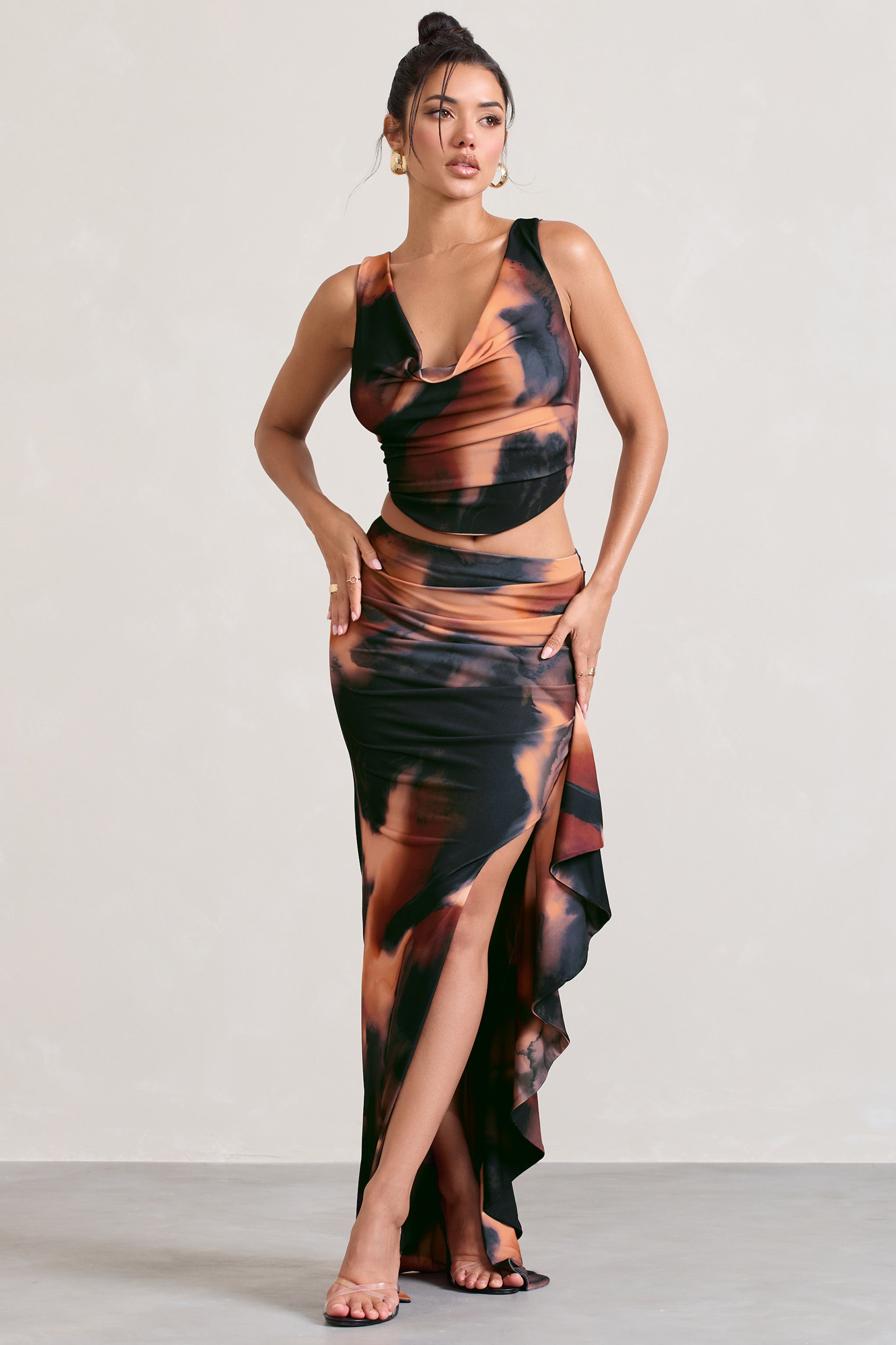 Orange Smoke Print Ruffle Maxi Skirt With Thigh Split