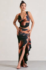 Orange Smoke Print Ruffle Maxi Skirt With Thigh Split