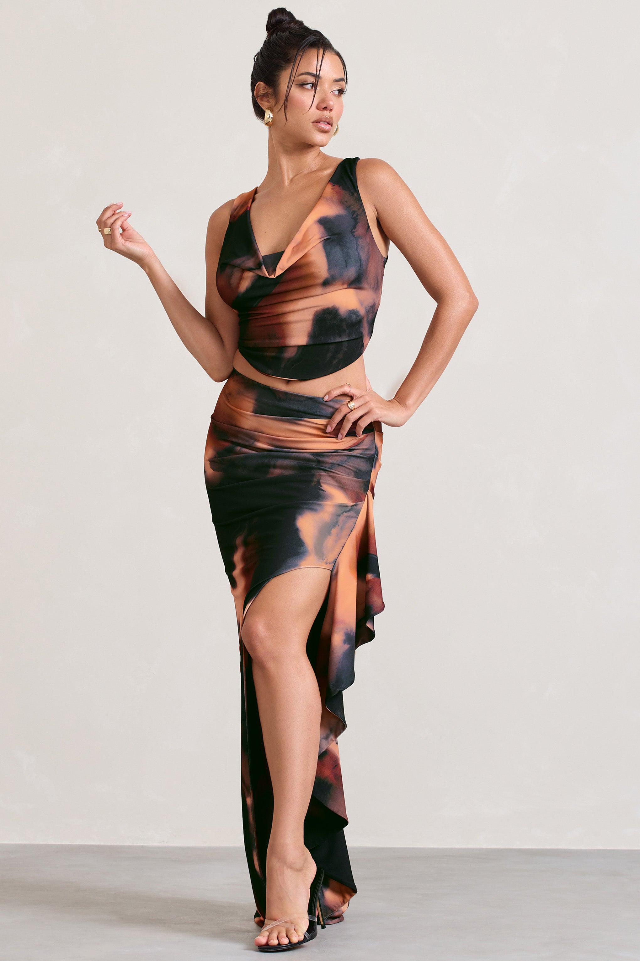 Orange Smoke Print Ruffle Maxi Skirt With Thigh Split