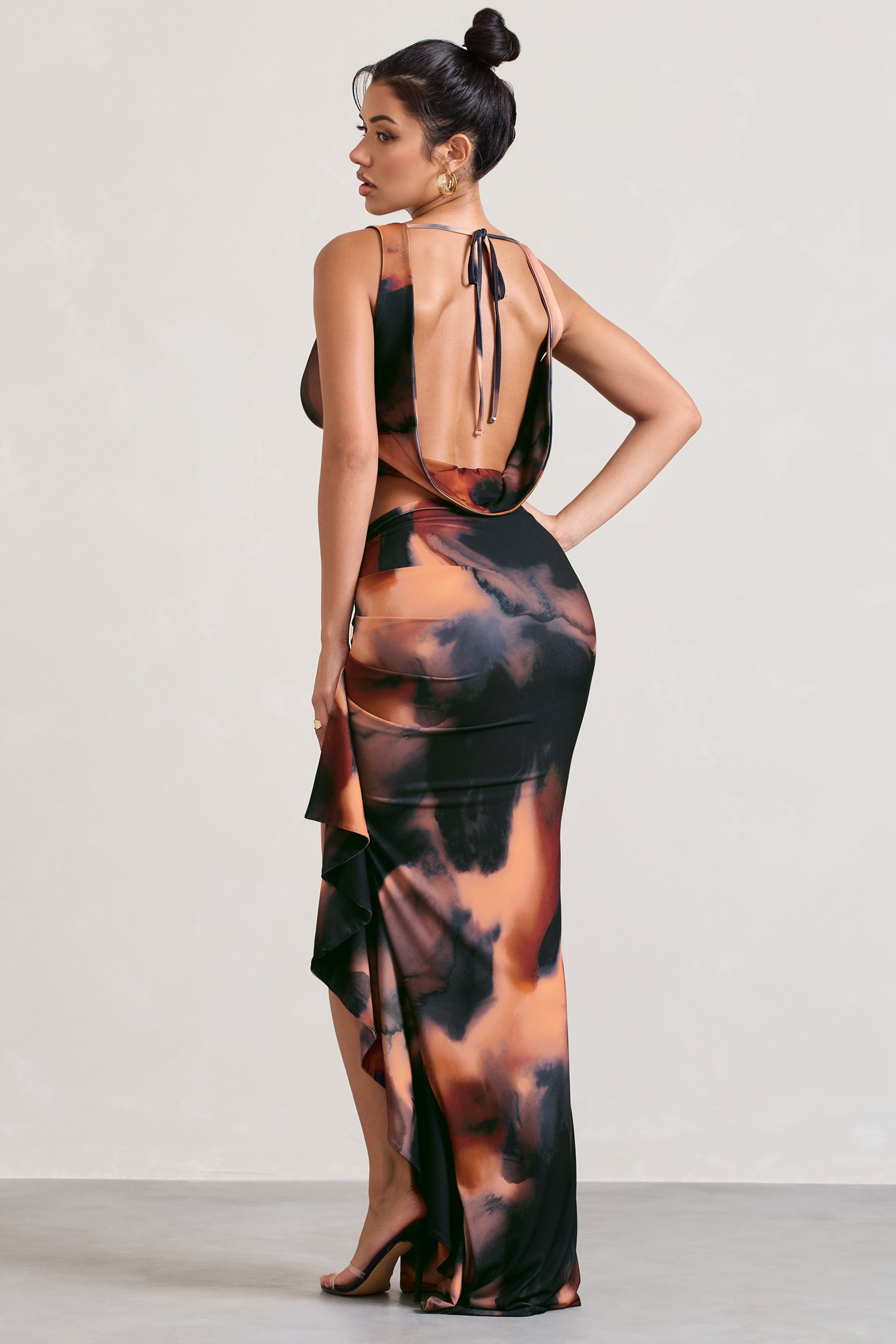 Orange Smoke Print Ruffle Maxi Skirt With Thigh Split