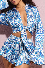 Blue Porcelain Print Satin Flared Sleeve Cropped Shirt