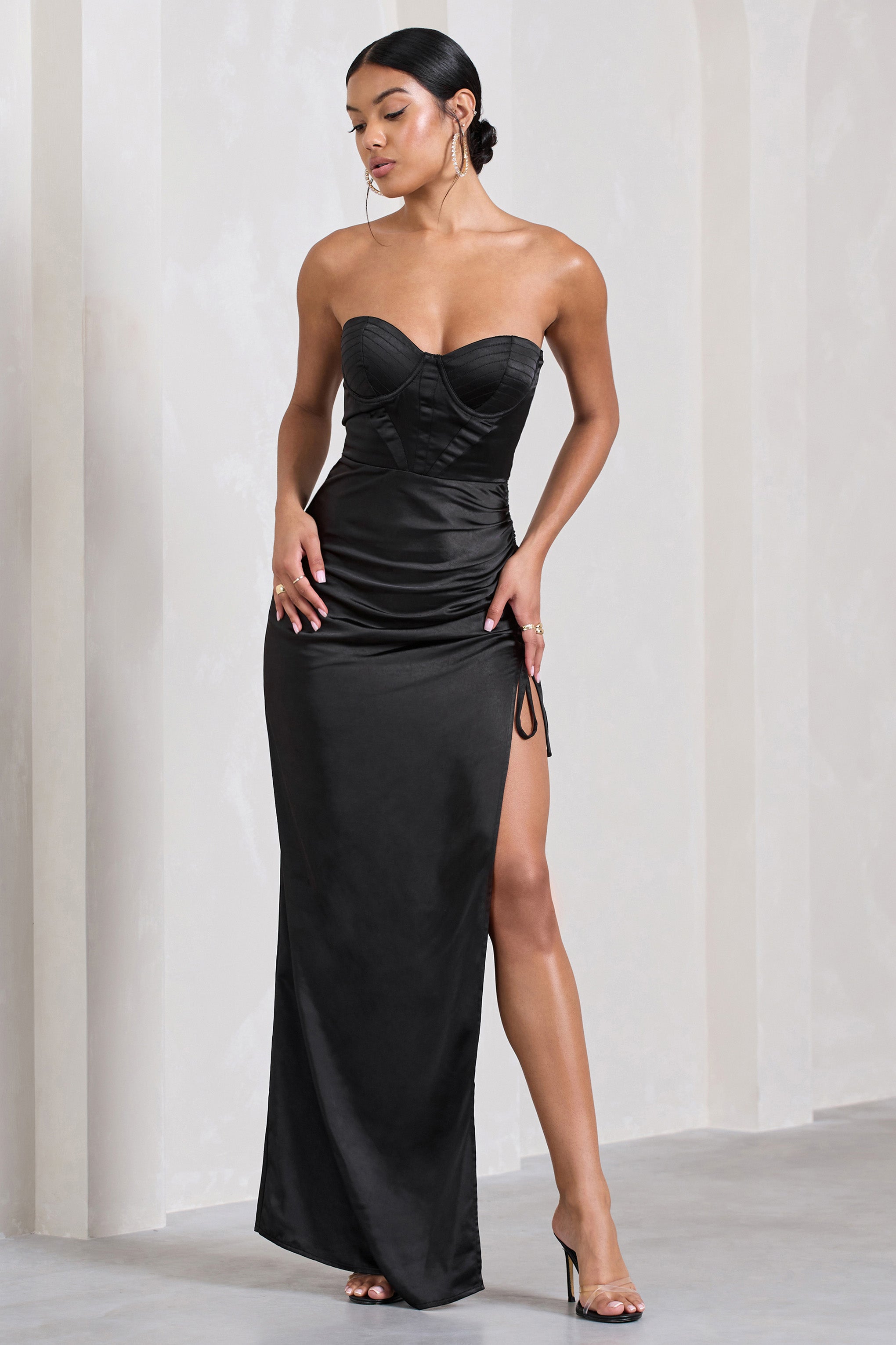 Black Satin Sweetheart Corset Asymmetric Maxi Dress